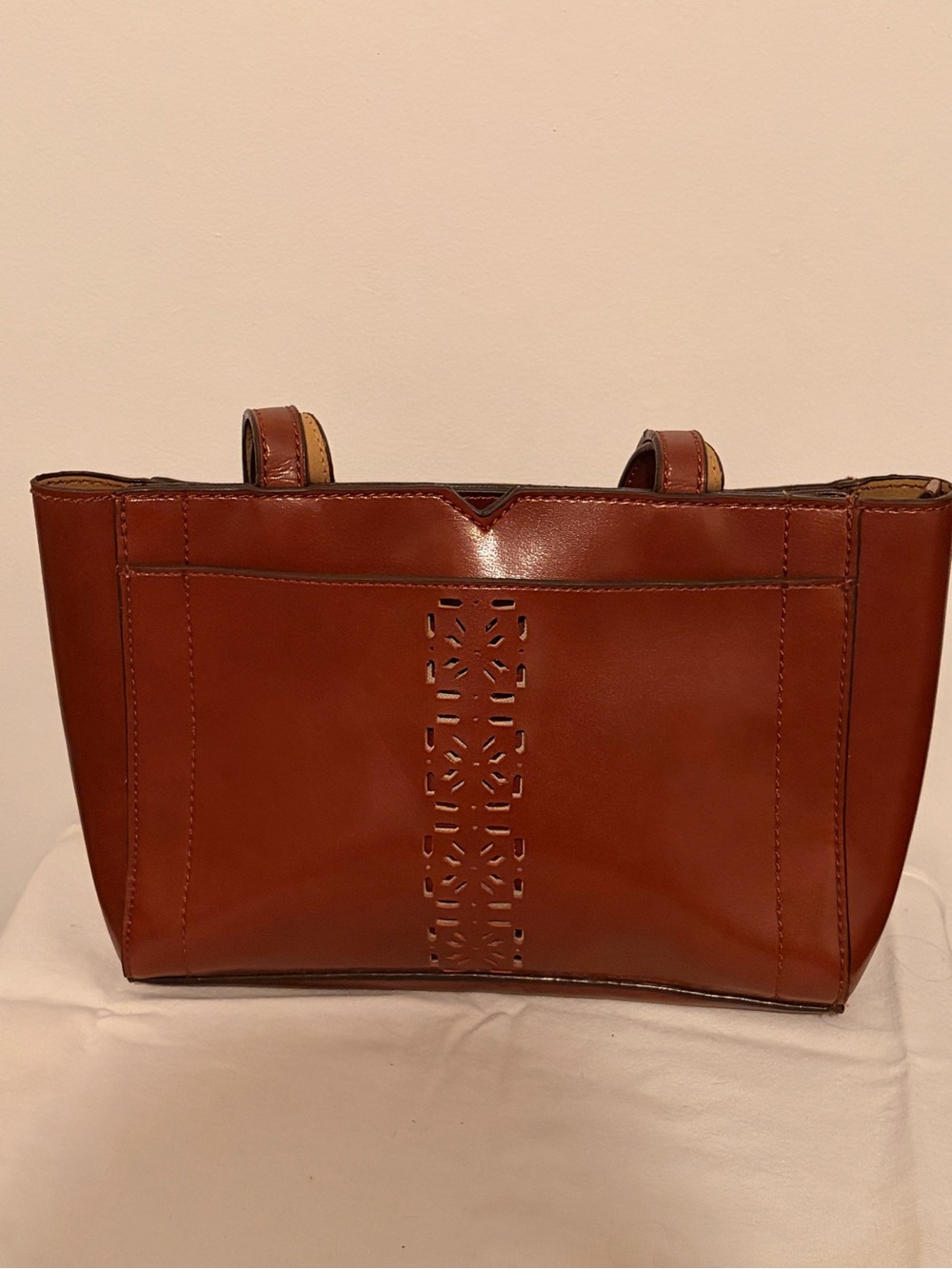 Mondani Chestnut Brown Leather Tote with Cutout Center Panel